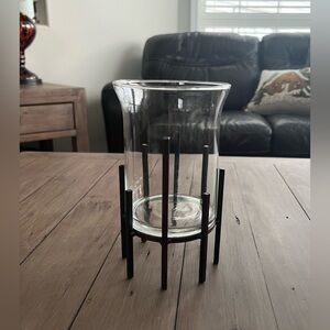 Vintage 90’s Glass Hurricane Candle Holder with Brown Metal Stand